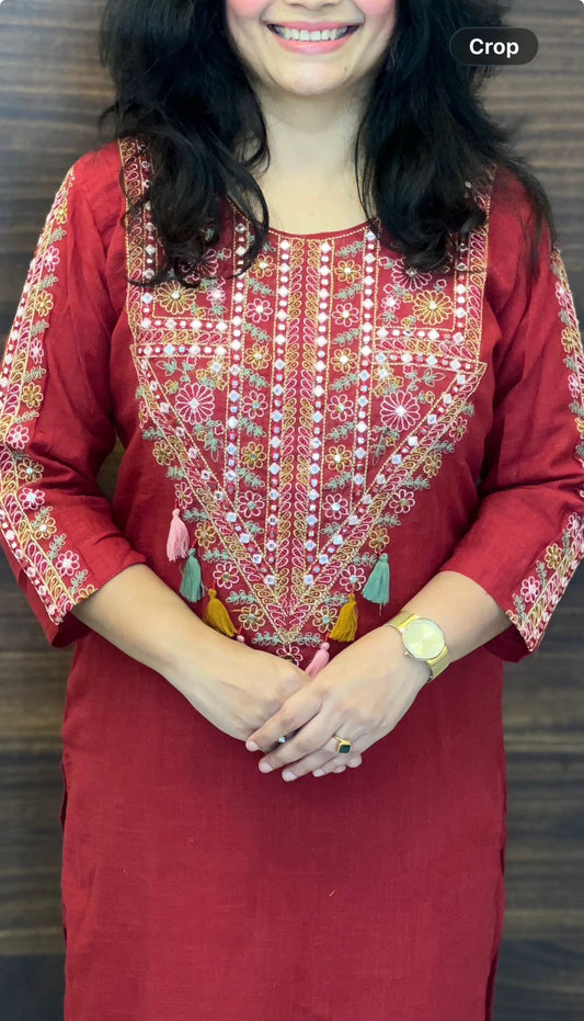 Maroon Colour Cotton Slub Dupatta Set