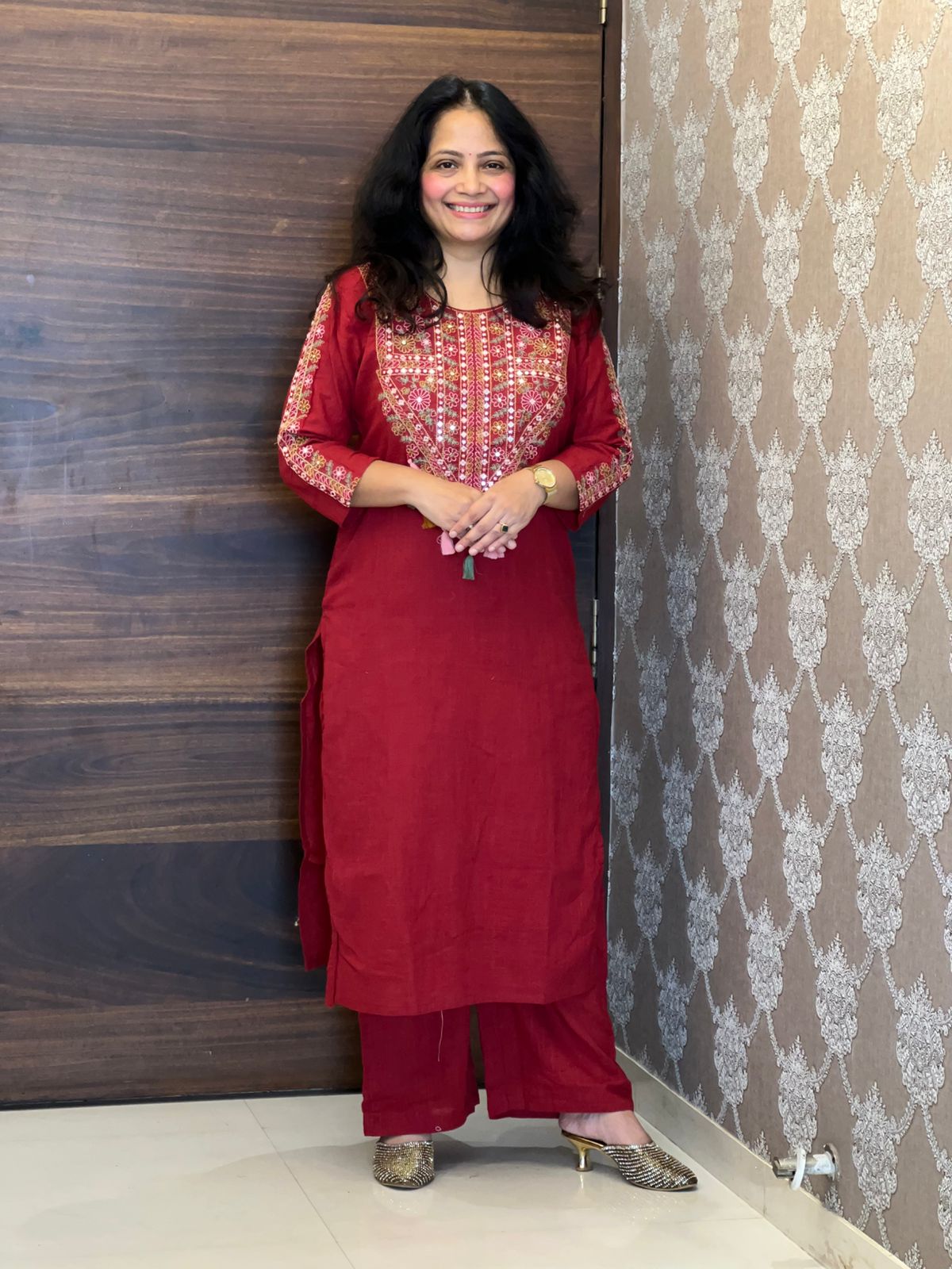 Maroon Colour Cotton Slub Dupatta Set