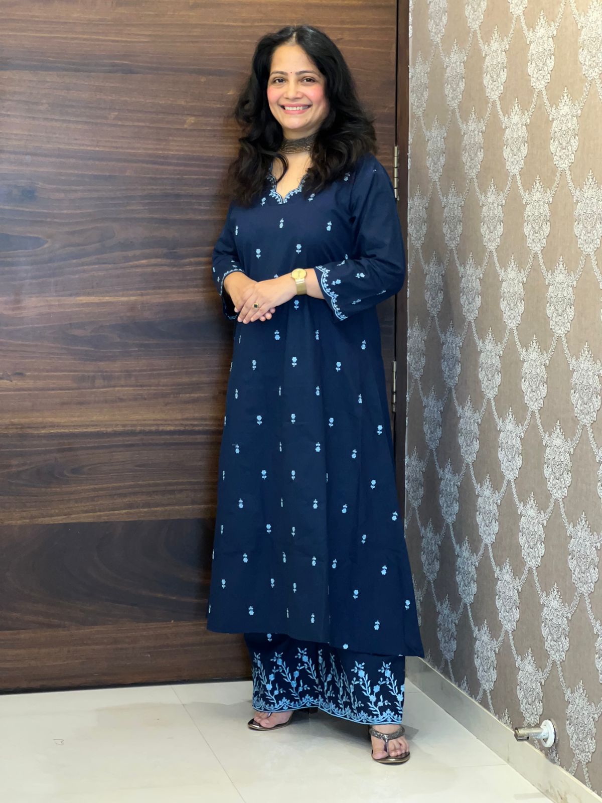 Blue Color Pure Cotton A Line Kurti With Palazzo