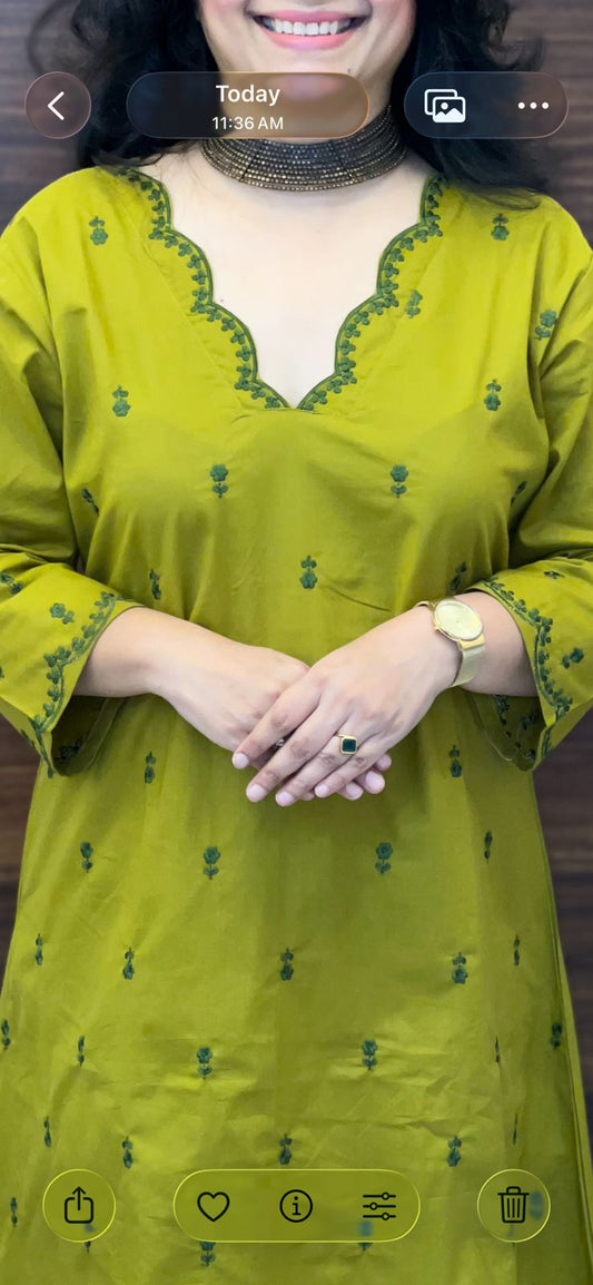 Green Color Pure Cotton A Line Kurti With Palazzo