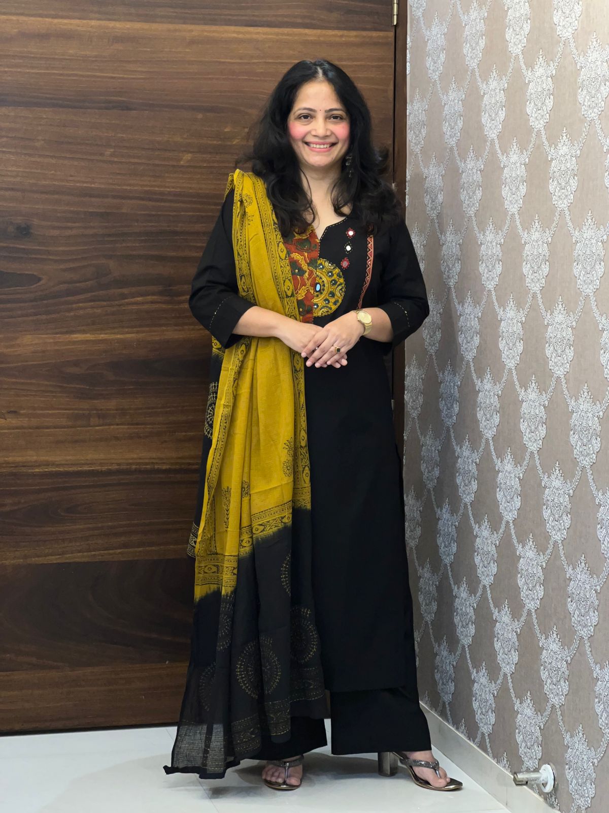 Black-Yellow Colour Dabu Cotton Dupatta Set