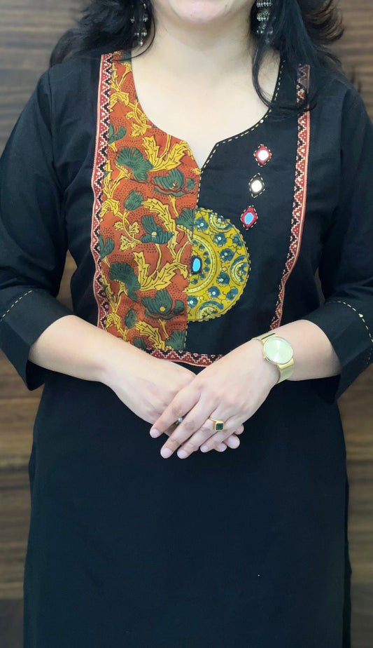 Black-Yellow Colour Dabu Cotton Dupatta Set