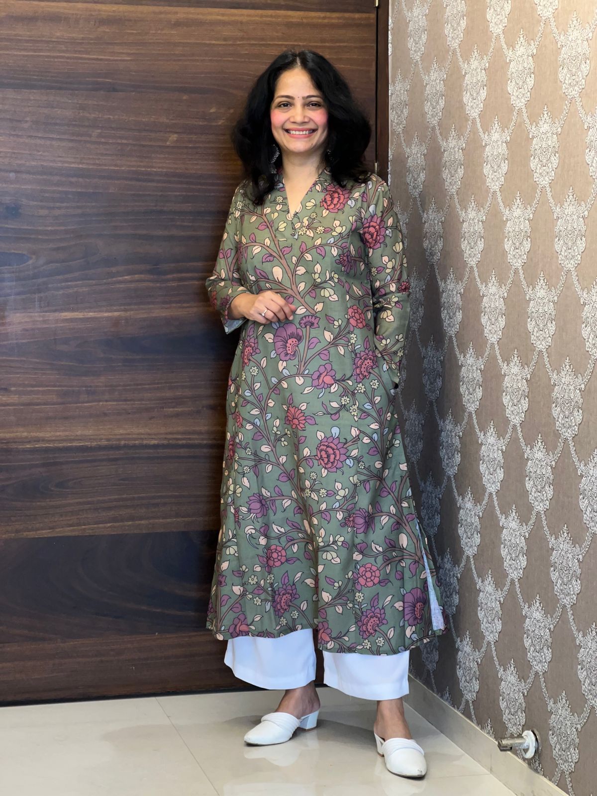 Pastel Green Kalamkari Digital Print Linen A-Line Kurti