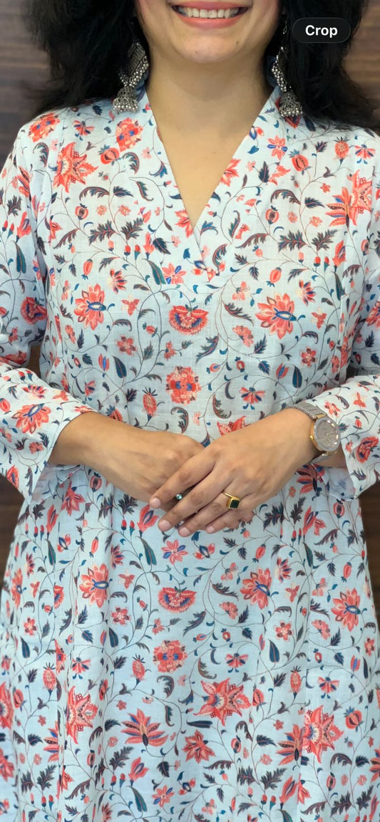 Powder Blue Kalamkari Digital Print Linen A-Line Kurti