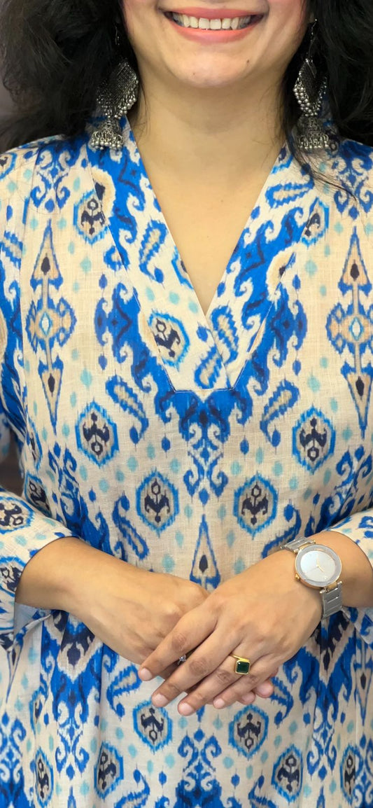 Blue & Lvory Ikkat Digital Print Linen A-Line Kurti