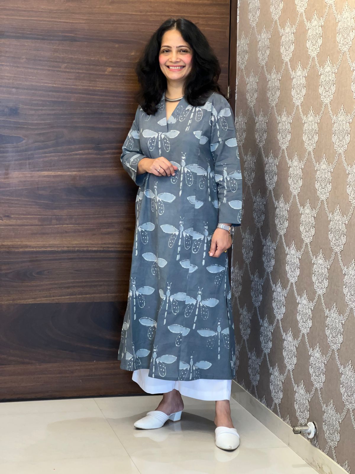 Grey Color Dabu Hand Block Print Pure Cotton A Line Kurti
