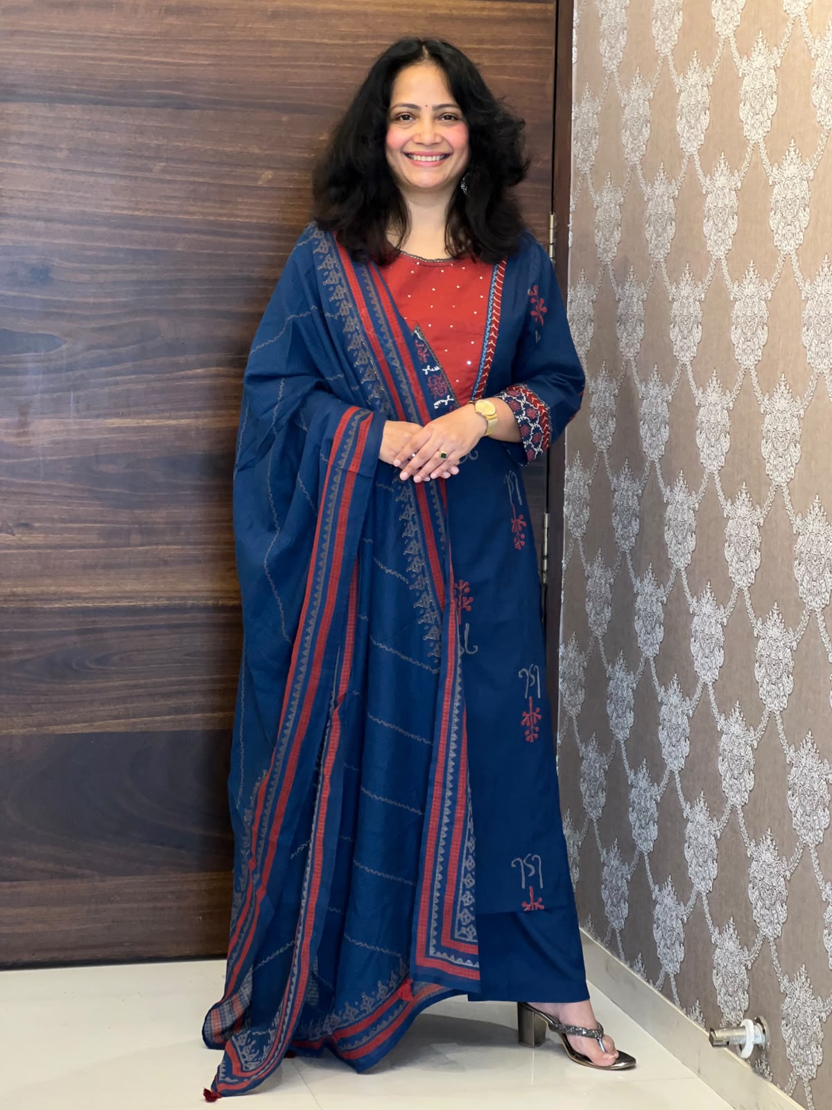 Blue Color Block-Printed Pure Cotton Dupatta Set