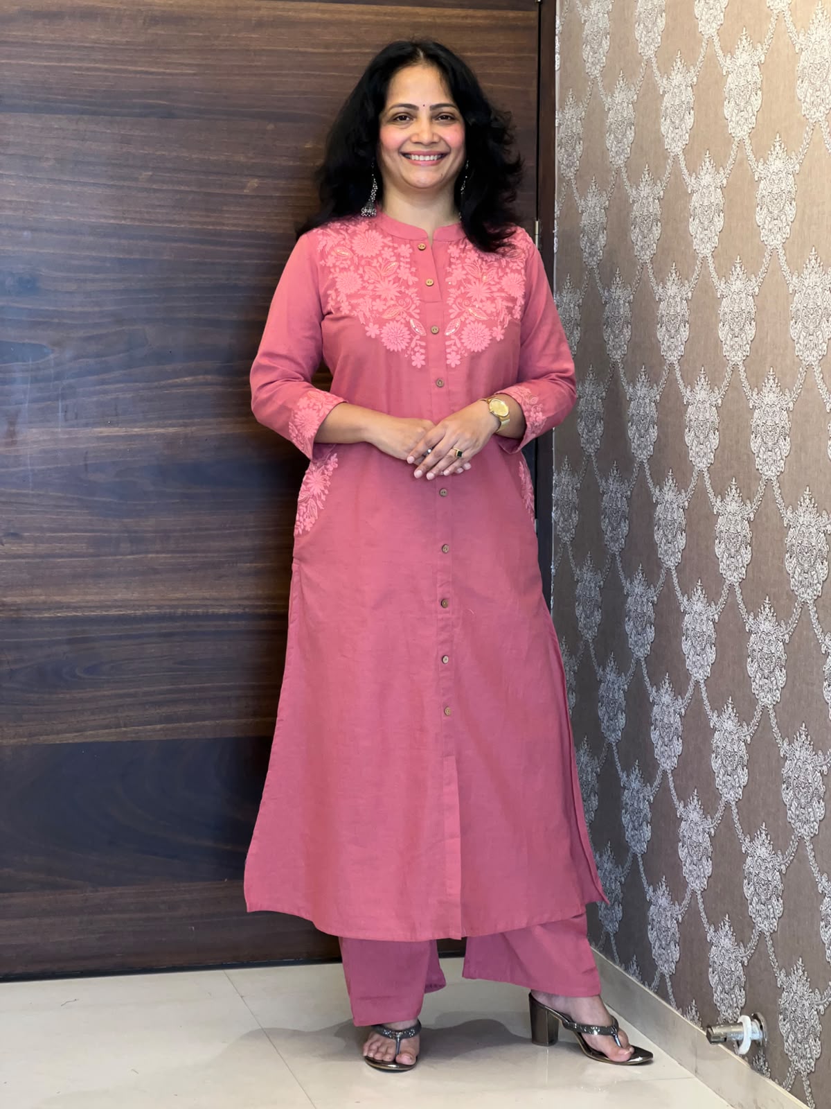 Deep Blush Pink Colour Cotton Flex Kurti-Pant Set