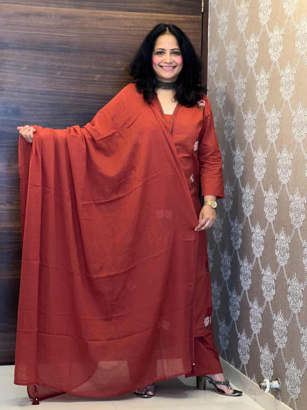 Brick Orange Pure Cotton Dupatta Set