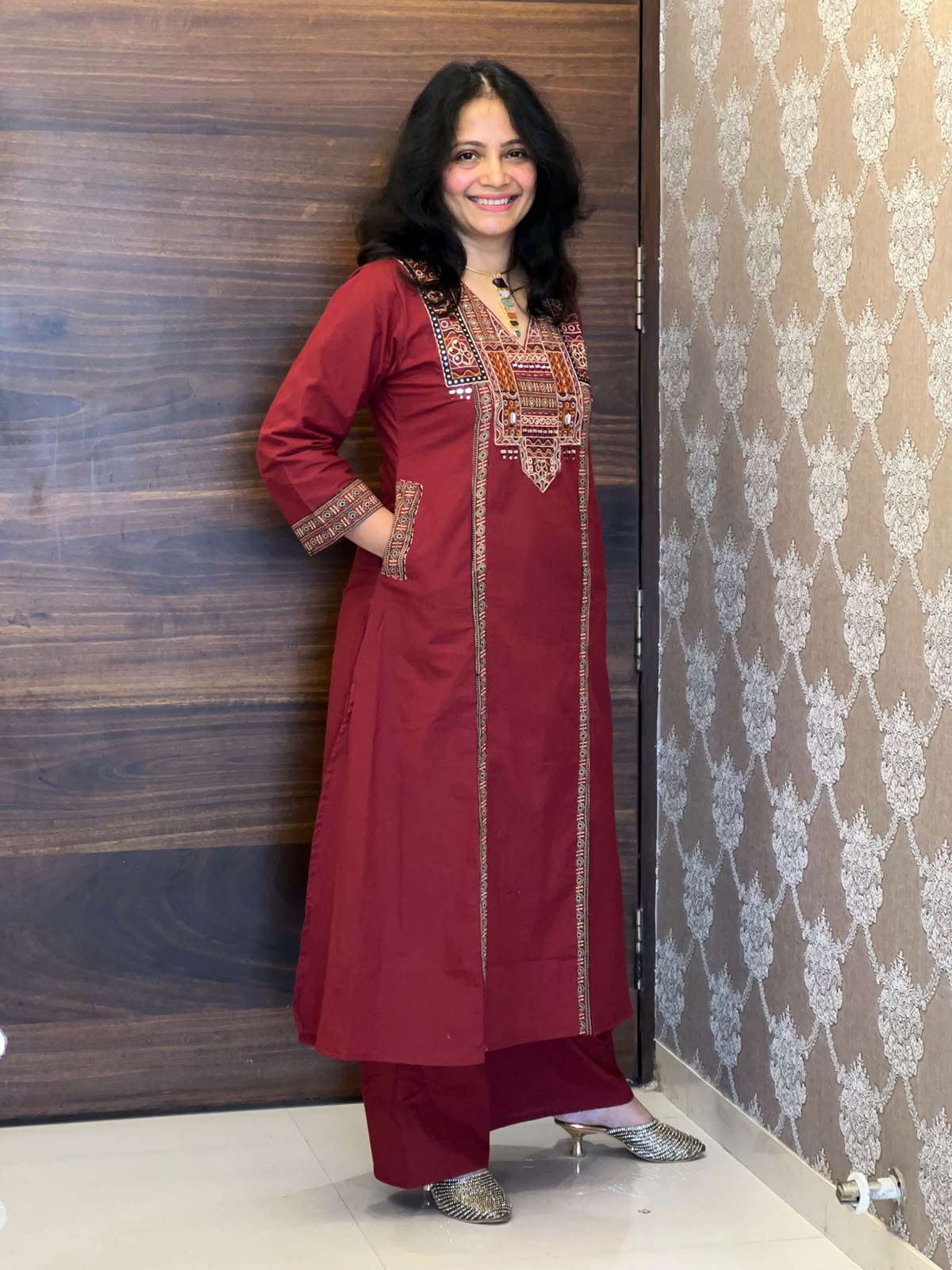 Maroon Colour Dabu Cotton Dupatta Set
