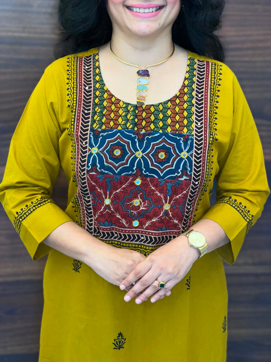 Mustard Color Ajrakh Patch Work Dabu Cotton Dupatta Set