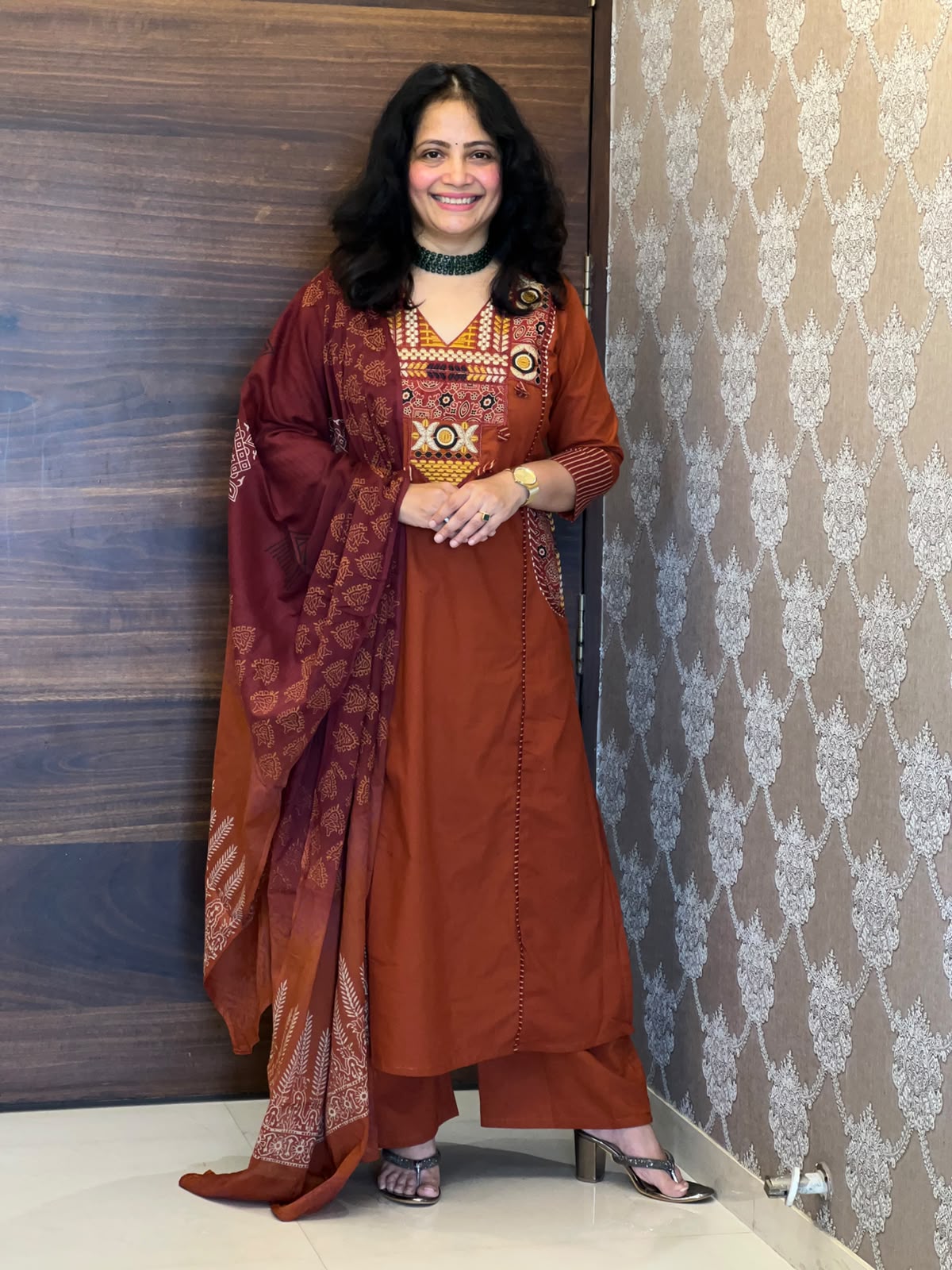 Brick Orange Colour Pure Cotton Dupatta Set