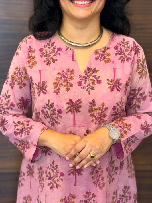 Pink Color Vanaspati Hand Block Print Pure Cotton A Line Kurti