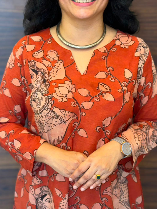 Red Color Kalamkari Pure Cotton A Line Kurti
