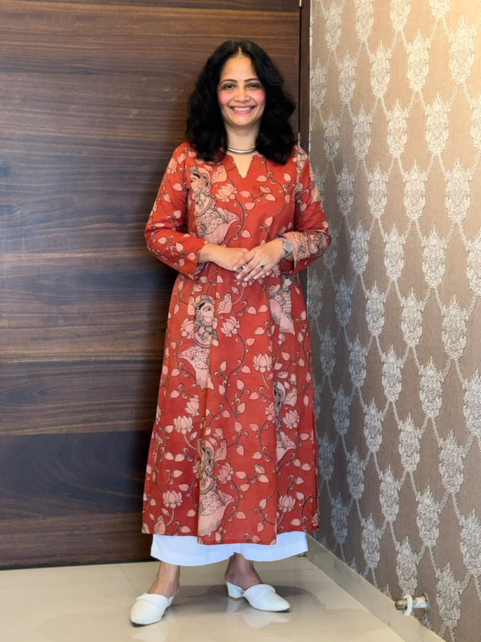 Red Color Kalamkari Pure Cotton A Line Kurti