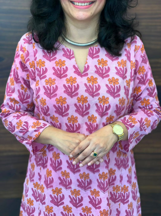 Pink Color Vanaspati Hand Block Print Pure Cotton A Line Kurti-Print 3