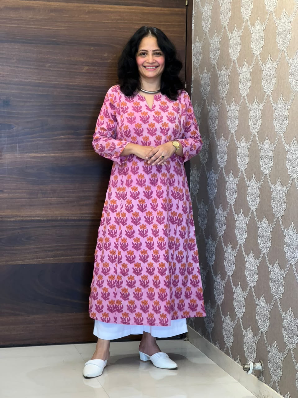 Pink Color Vanaspati Hand Block Print Pure Cotton A Line Kurti-Print 3