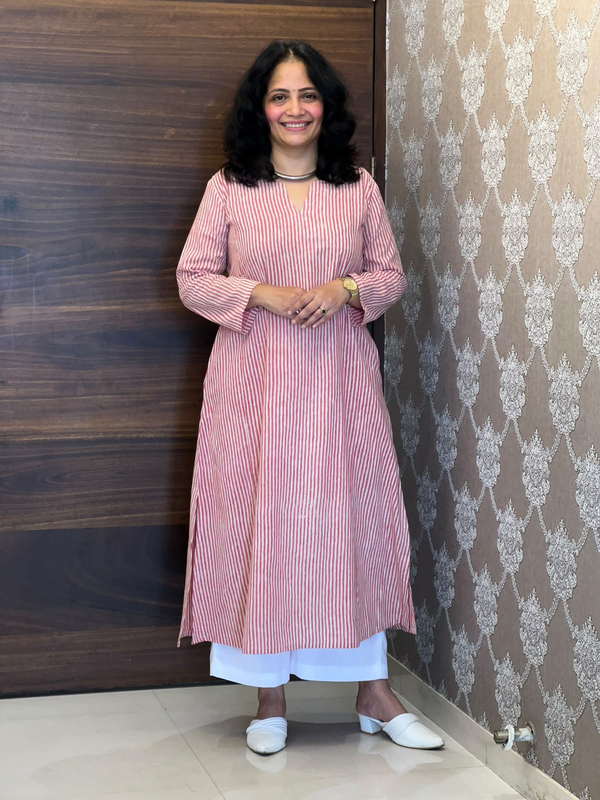 Pink Color Striped Hand Block Print Pure Cotton A Line Kurti
