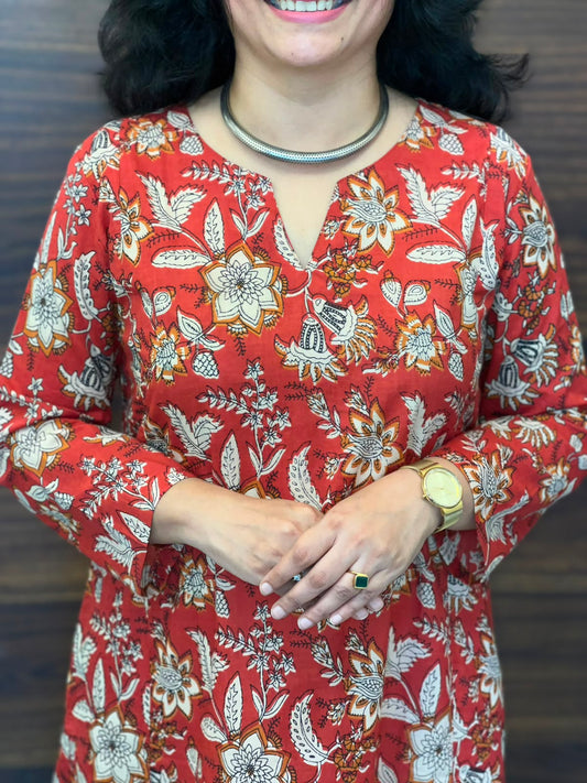 Red Color Rapid Hand Block Pure Cotton A Line Kurti