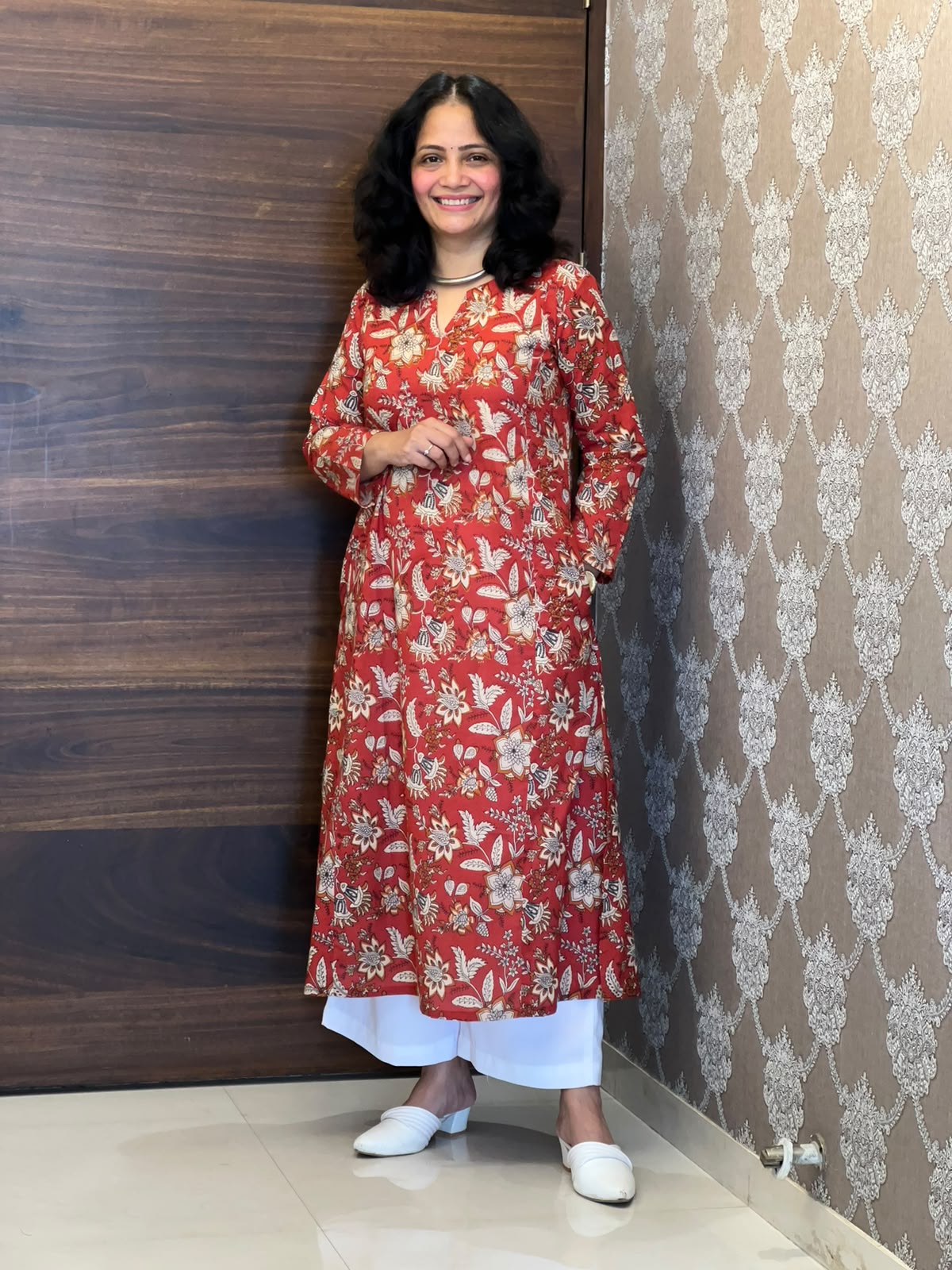 Red Color Rapid Hand Block Pure Cotton A Line Kurti
