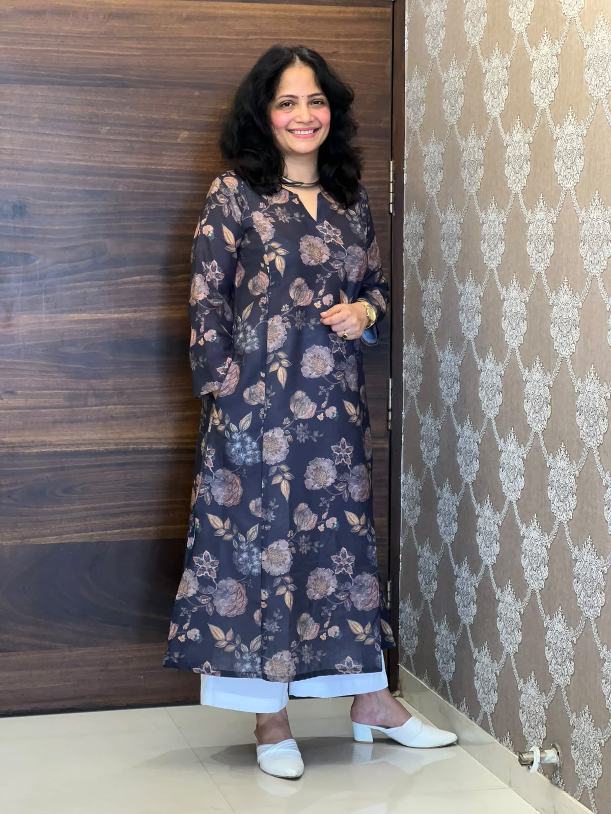 Charcoal Grey Color Linen A-Line Kurti -Round Neck