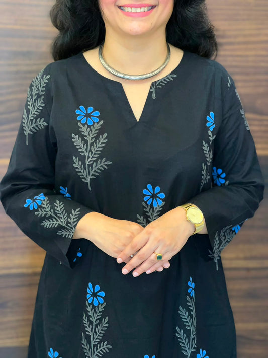 Black Color Hand Block Printed Dabu Cotton A Line Kurti