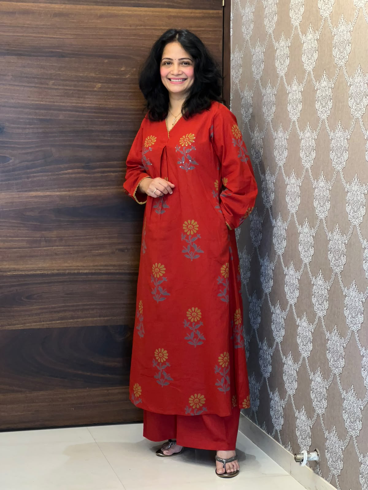 Red Color Block Printed Cotton Flex A Line Kurti With Palazzo
