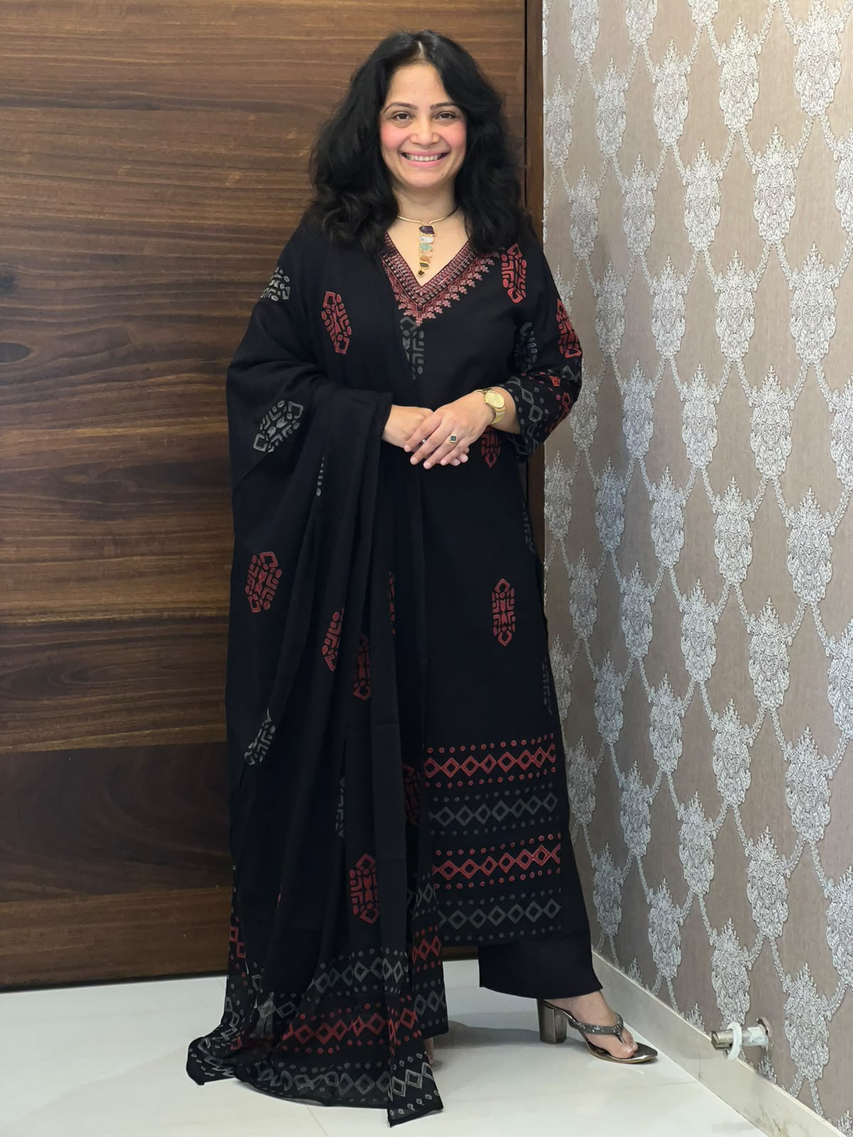 Black Color Block-Printed Pure Cotton Dupatta Set