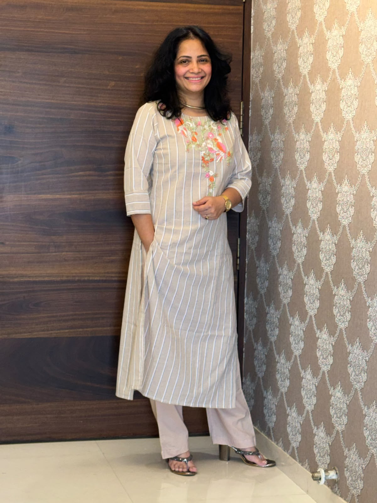 Light Greige Color Handloom Cotton Kurti-Pant Set