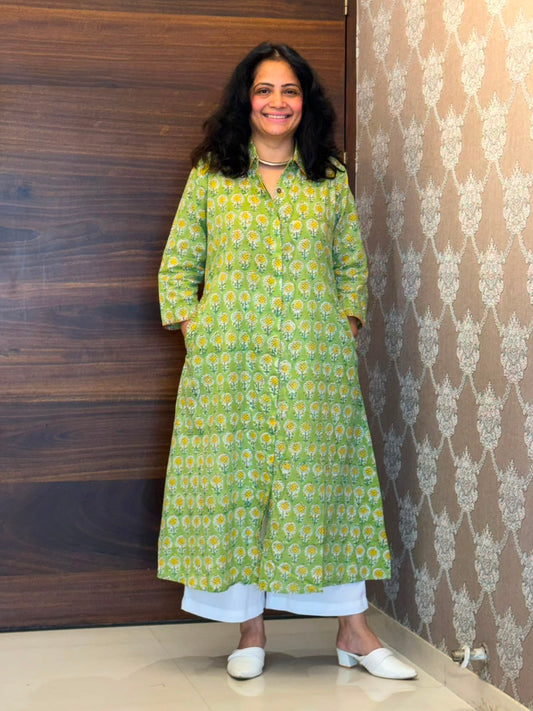 Lime Green With Yellow Floral Hand Block Printed Dabu Cotton A Line Kurti