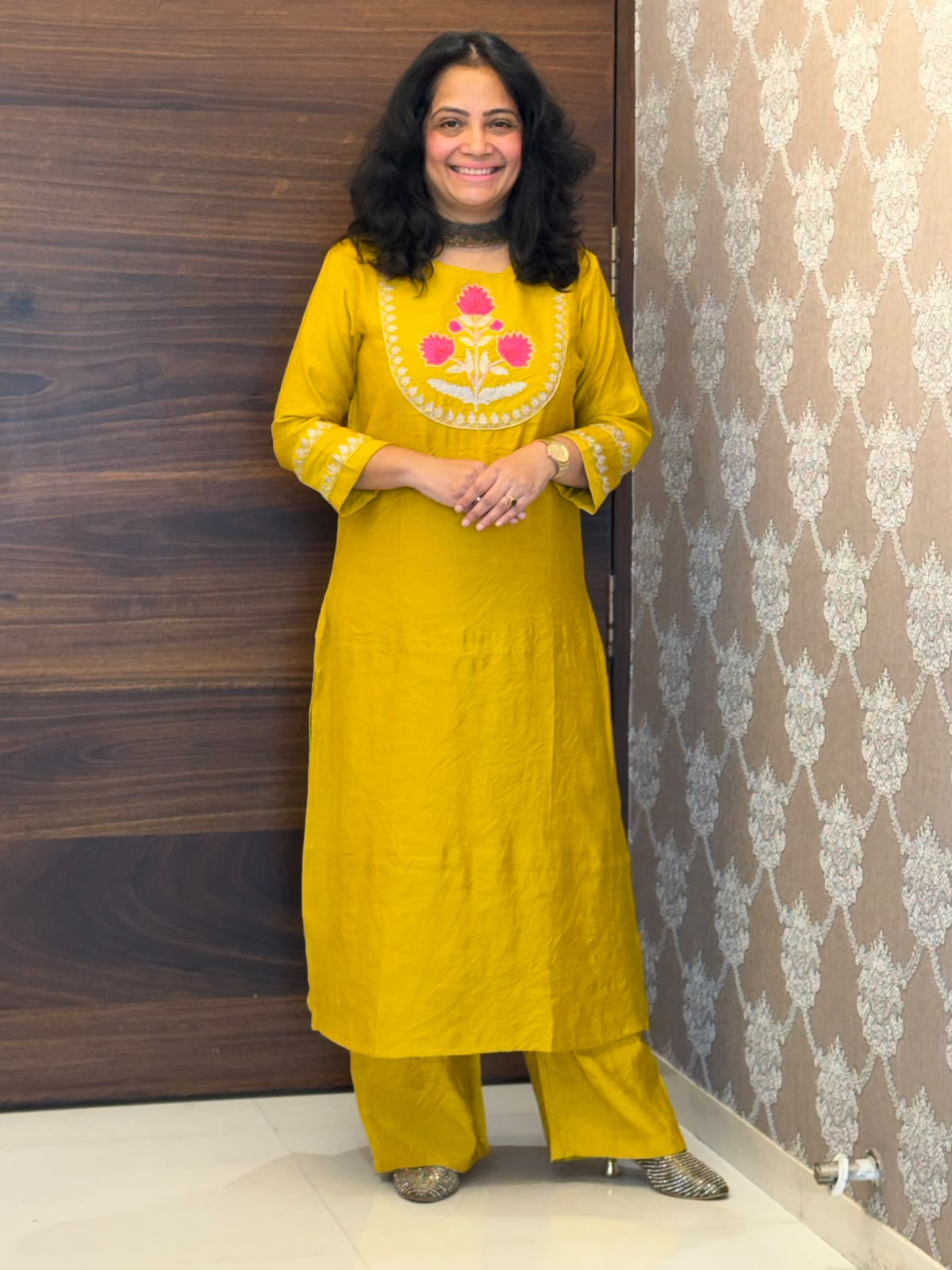 Mustard Colour Raw Silk Kurti-Pant Set