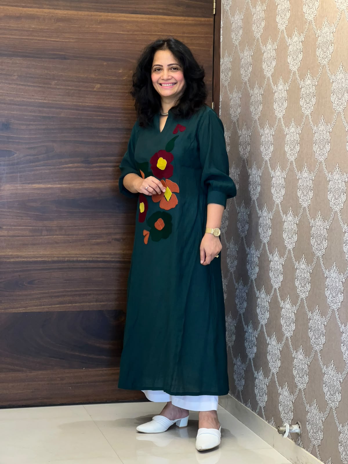 Teal Color Raw Silk A-Line Kurti