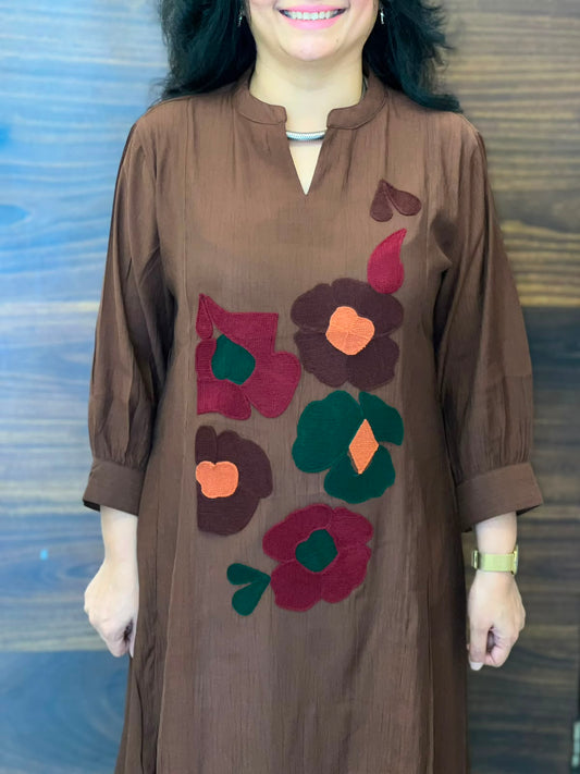 Brown Color Raw Silk A-Line Kurti