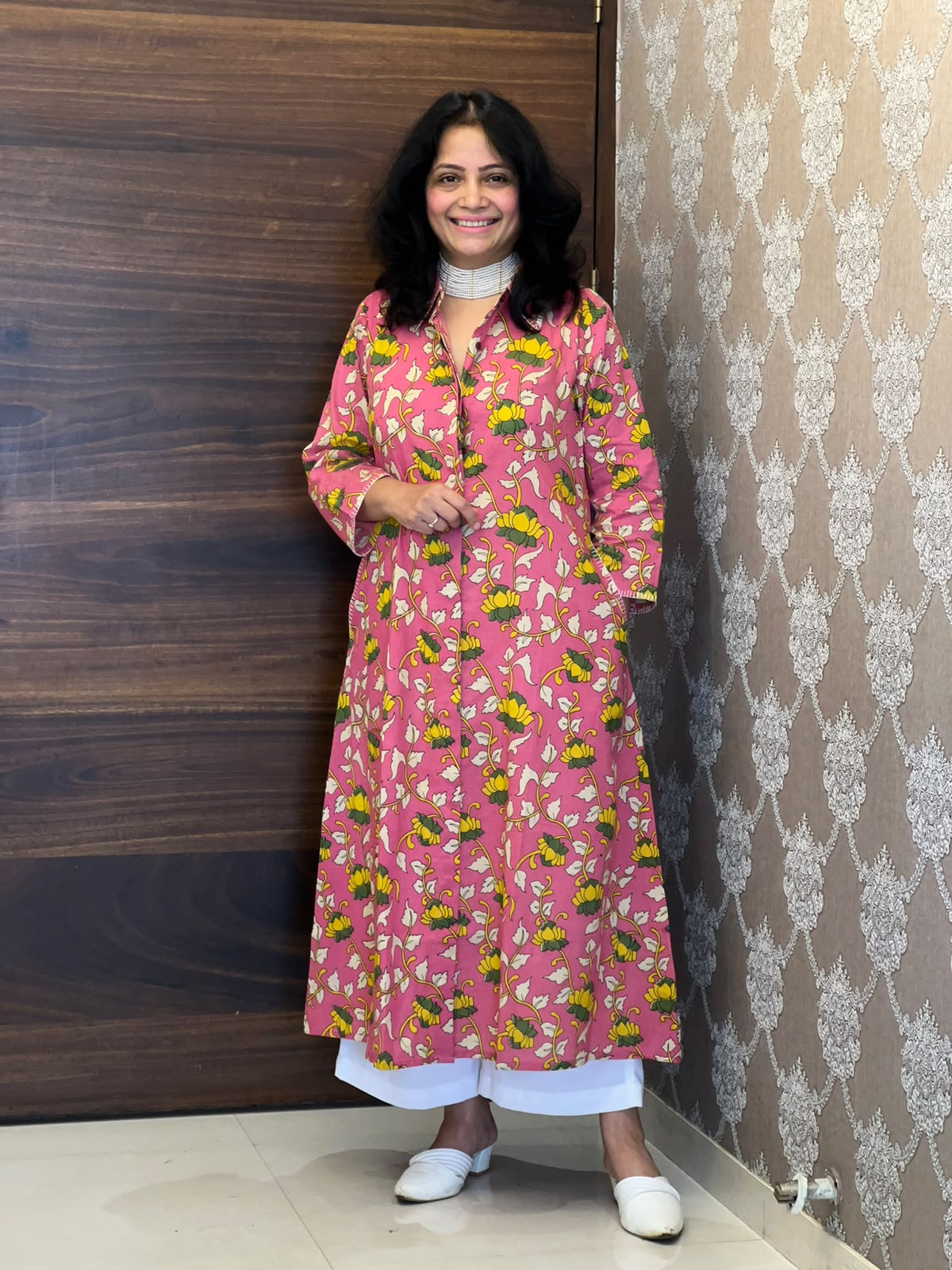 Pink Colour Kalamkari Cotton A Line Kurti
