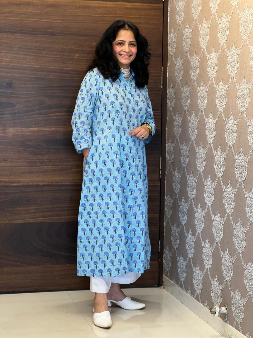 Sky Blue Hand Block Printed Pure Cotton A Line Kurti