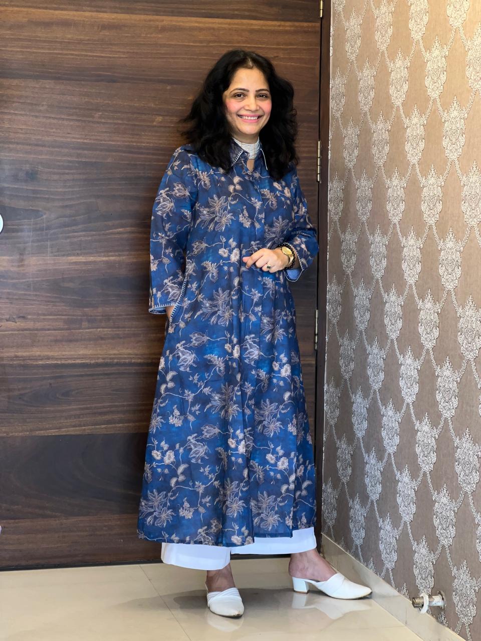 Deep Denim Blue Digital Printed Line Blend A Line Kurti
