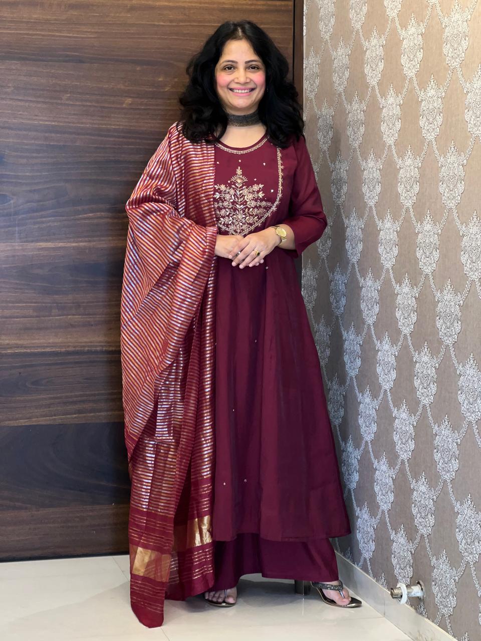 Wine Color Mul Chanderi Dupatta Set