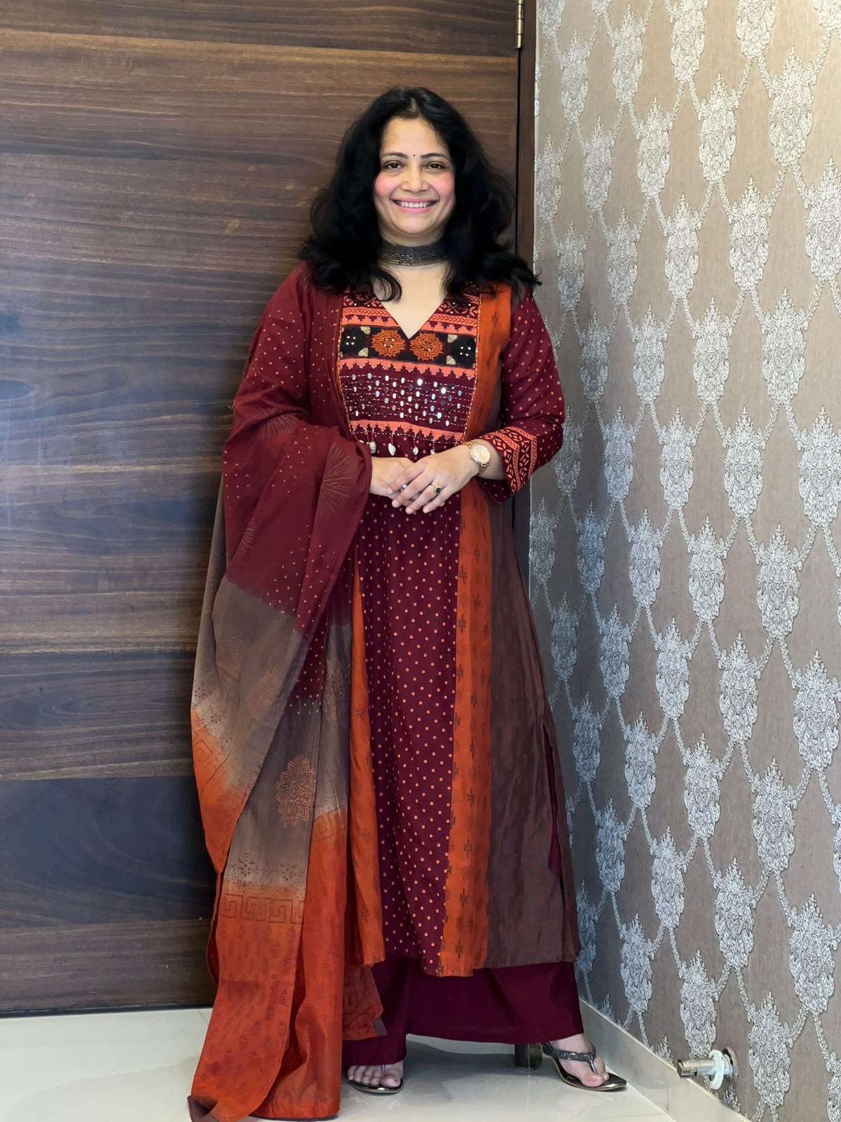 Brown-Rust Color Mul Chanderi Dupatta Set