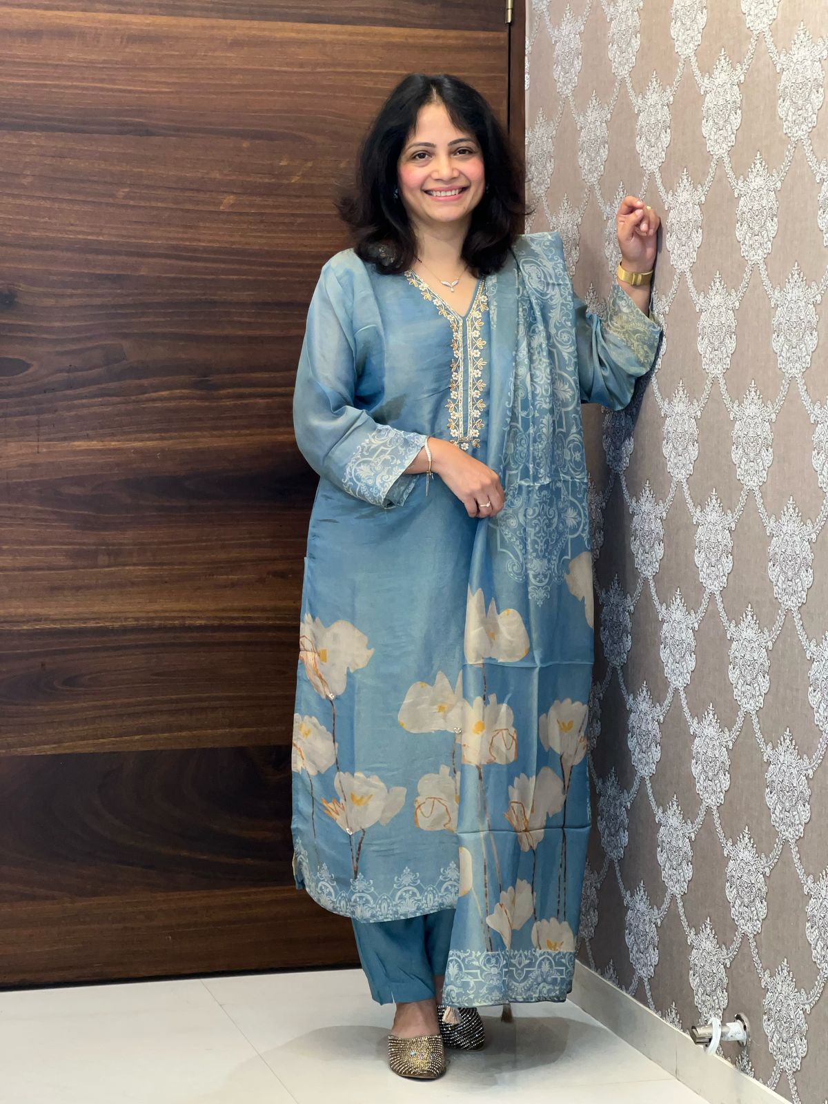 Placement Print Tissue Shimmer Fabric Suits