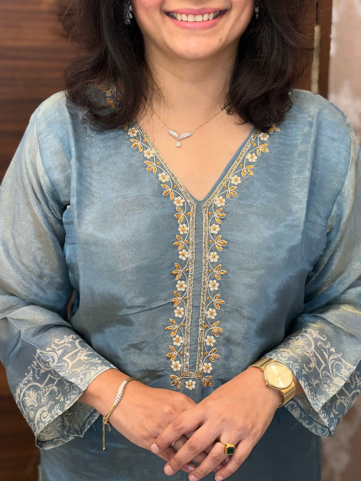 Placement Print Tissue Shimmer Fabric Suits