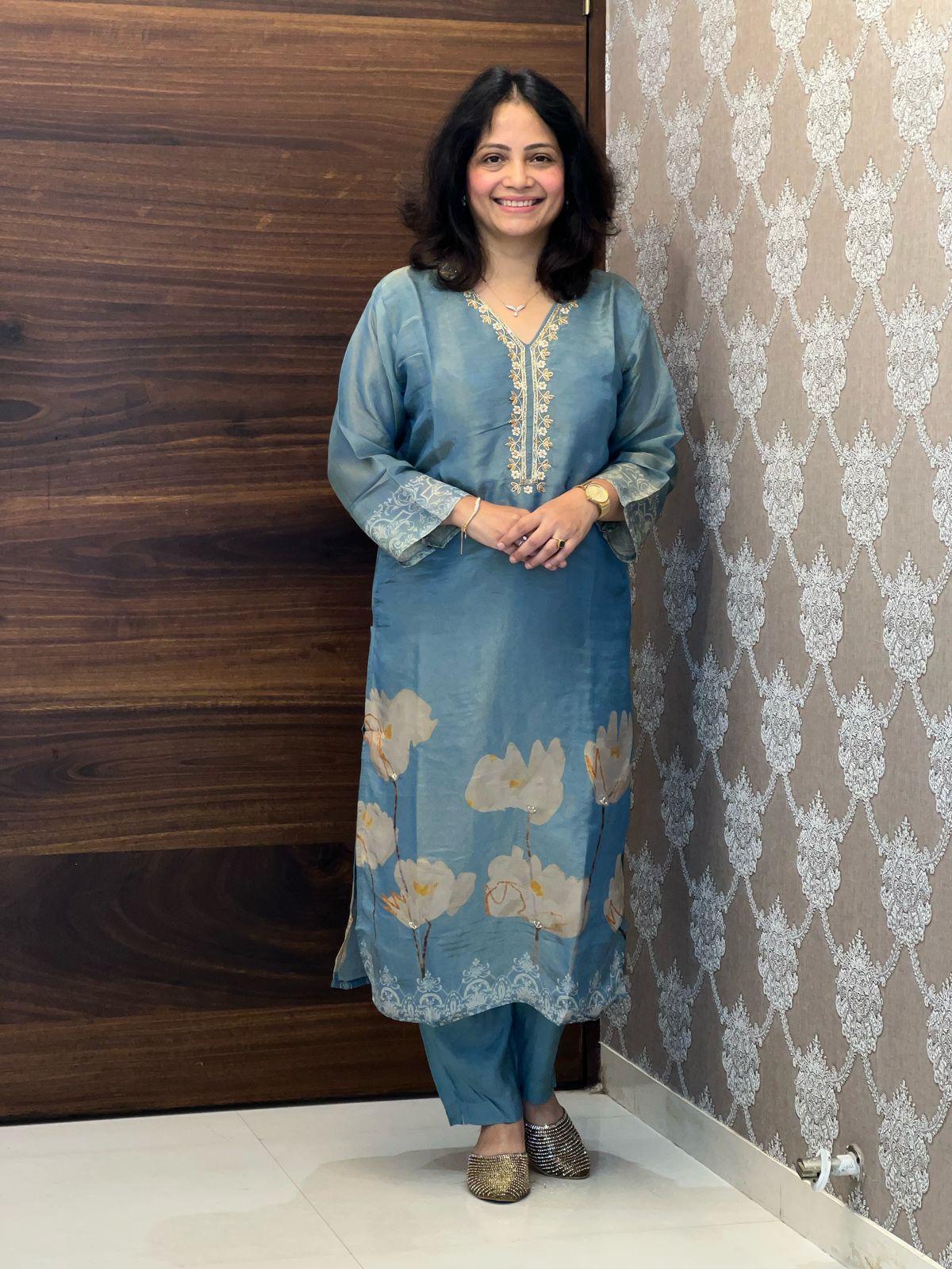 Placement Print Tissue Shimmer Fabric Suits