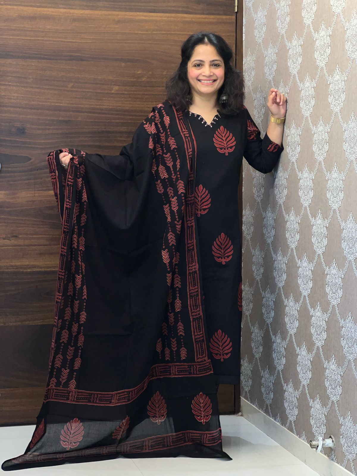 Black Color Block-Printed Pure Cotton Dupatta Set
