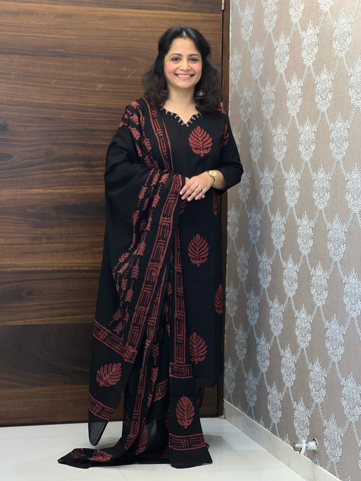 Black Color Block-Printed Pure Cotton Dupatta Set