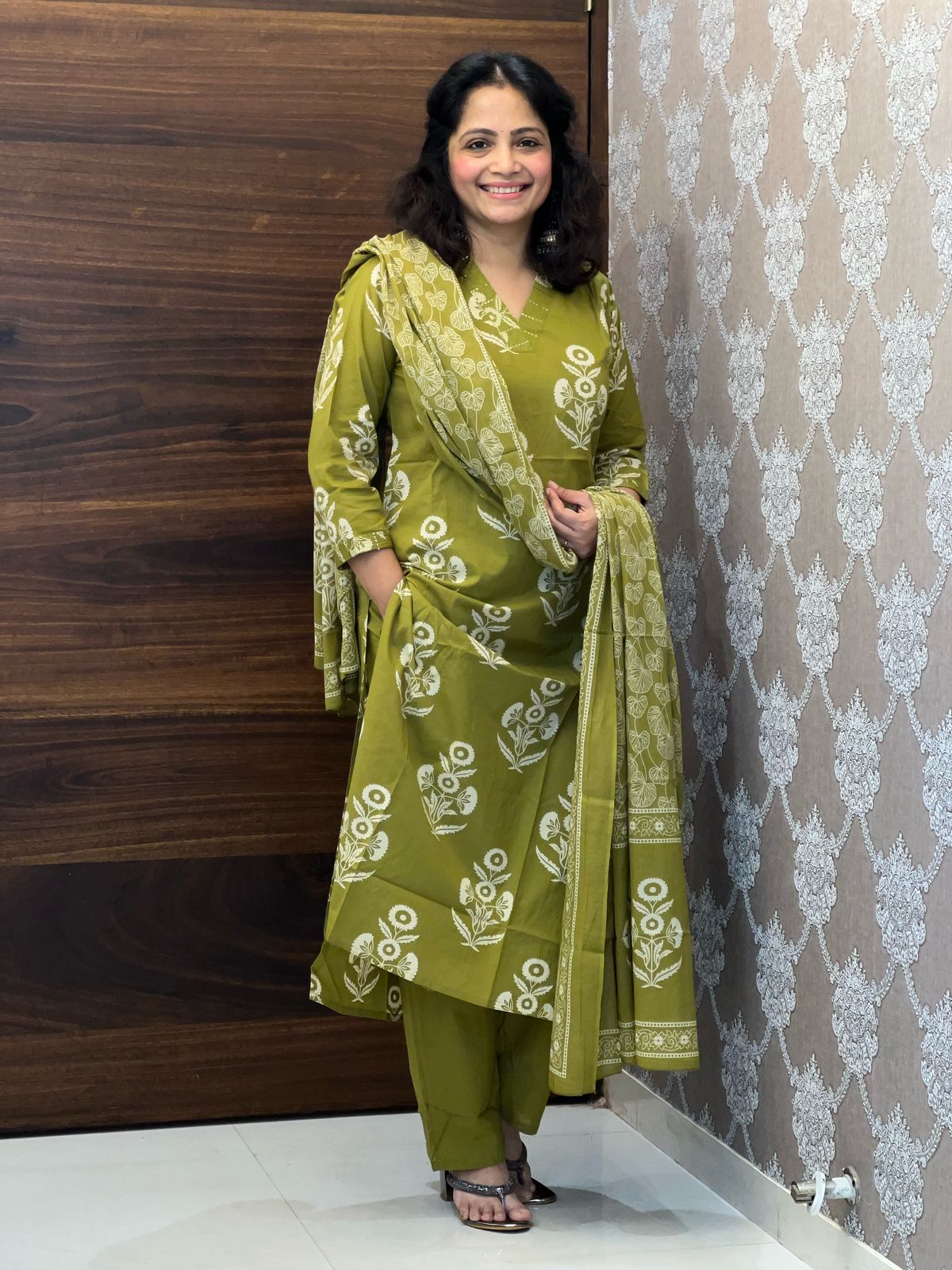 Green Color Block-Printed Pure Cotton Dupatta Set