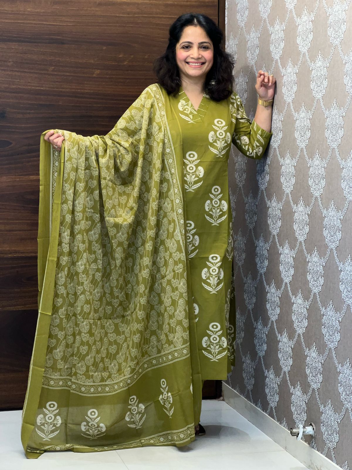 Green Color Block-Printed Pure Cotton Dupatta Set