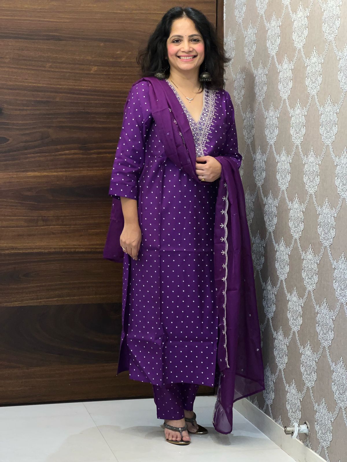 Purple Color Linen Silk Dupatta Set