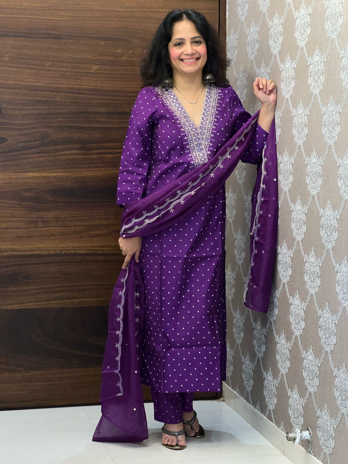 Purple Color Linen Silk Dupatta Set