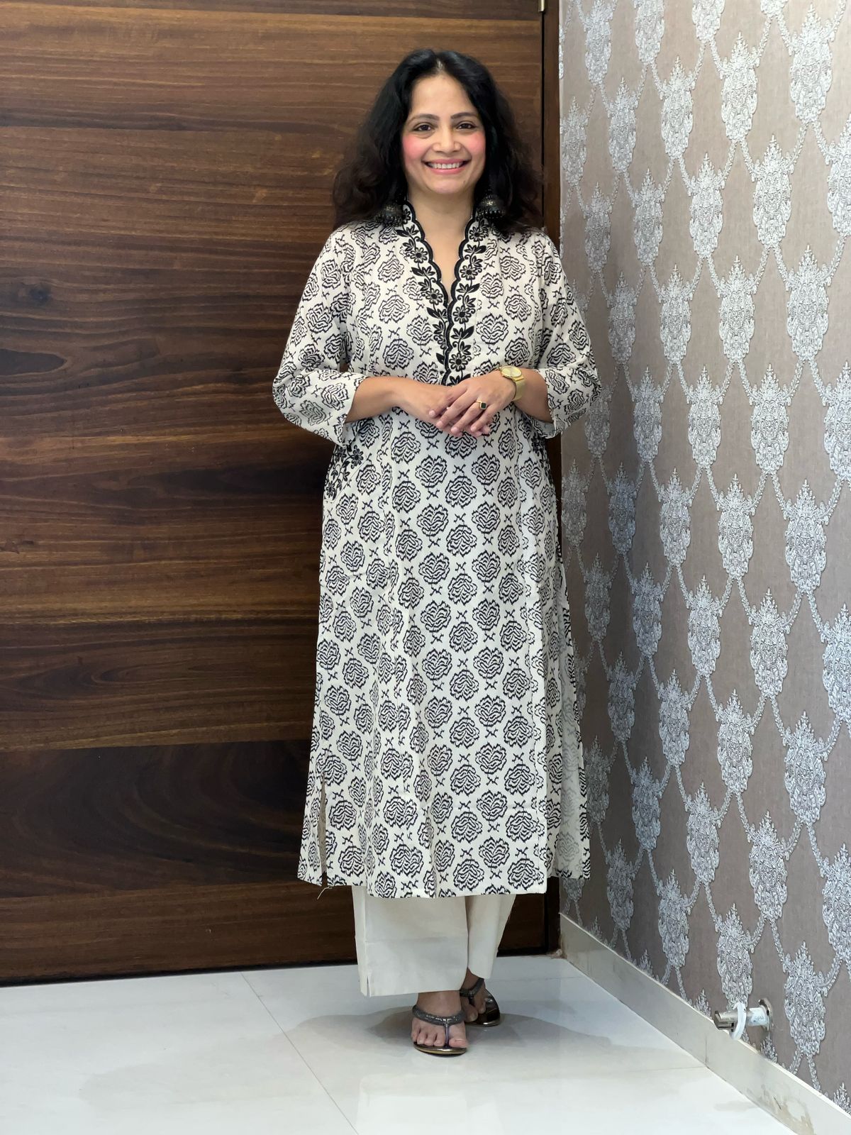 Beige Color Cotton Flex A-Line Kurti-Palazzo Set