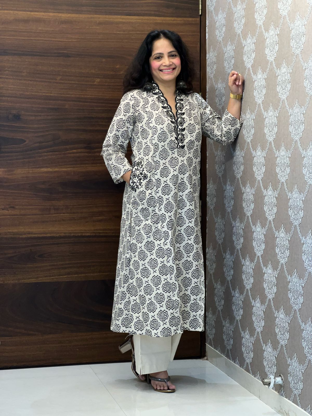 Beige Color Cotton Flex A-Line Kurti-Palazzo Set