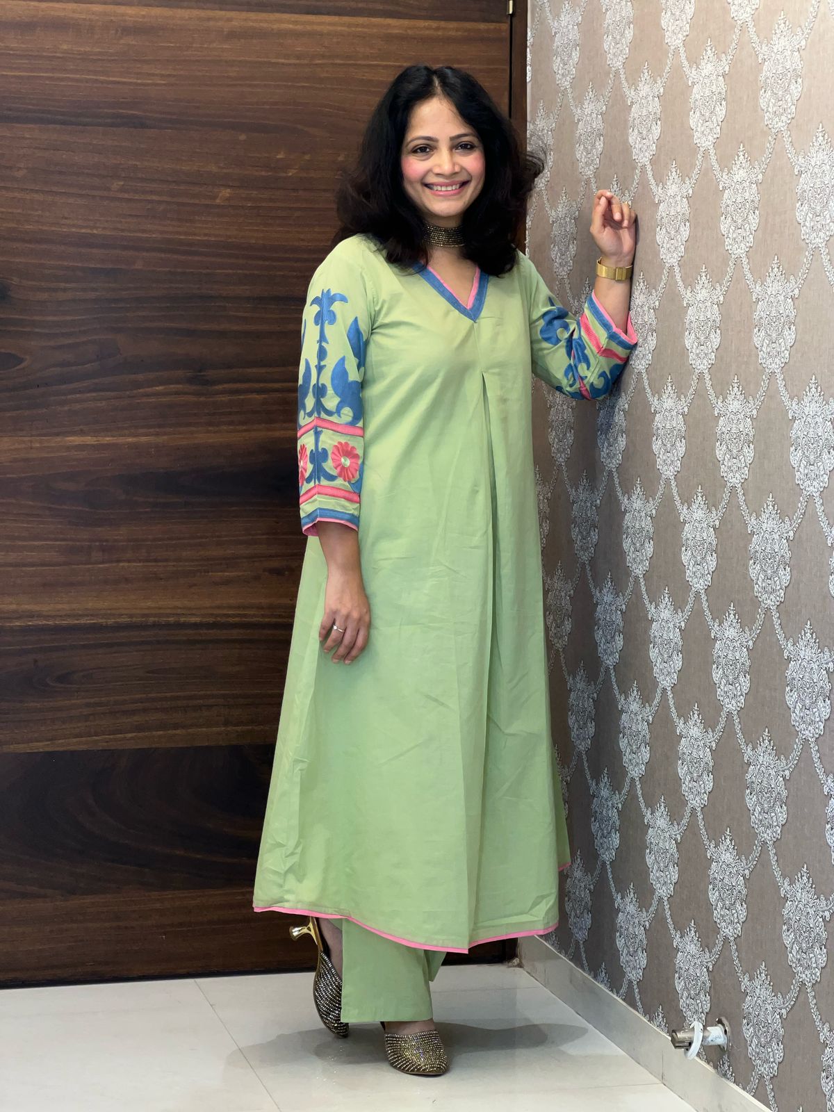 Green Color Cotton A-Line Kurti-Palazzo Set